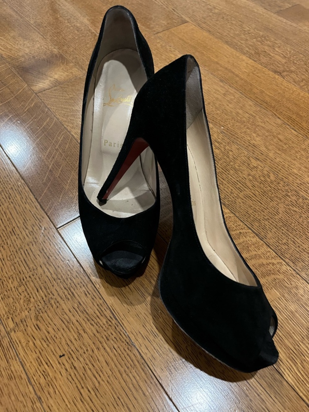 Christian Louboutin Black Suede Peep-Toe Pumps with Signature Red Sole